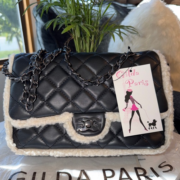 GILDA PARIS Black Quilted Shoulder Bag with Cream Trim - Picture 3 of 10